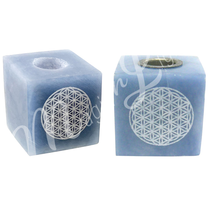 Mini Candle Holder Angelite Engraved w Flower of Life 1.5"