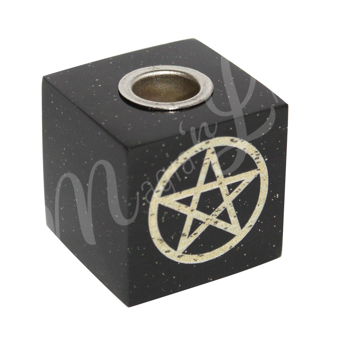 Mini Candle Holder Black Onyx & Pyrite w Pentacle