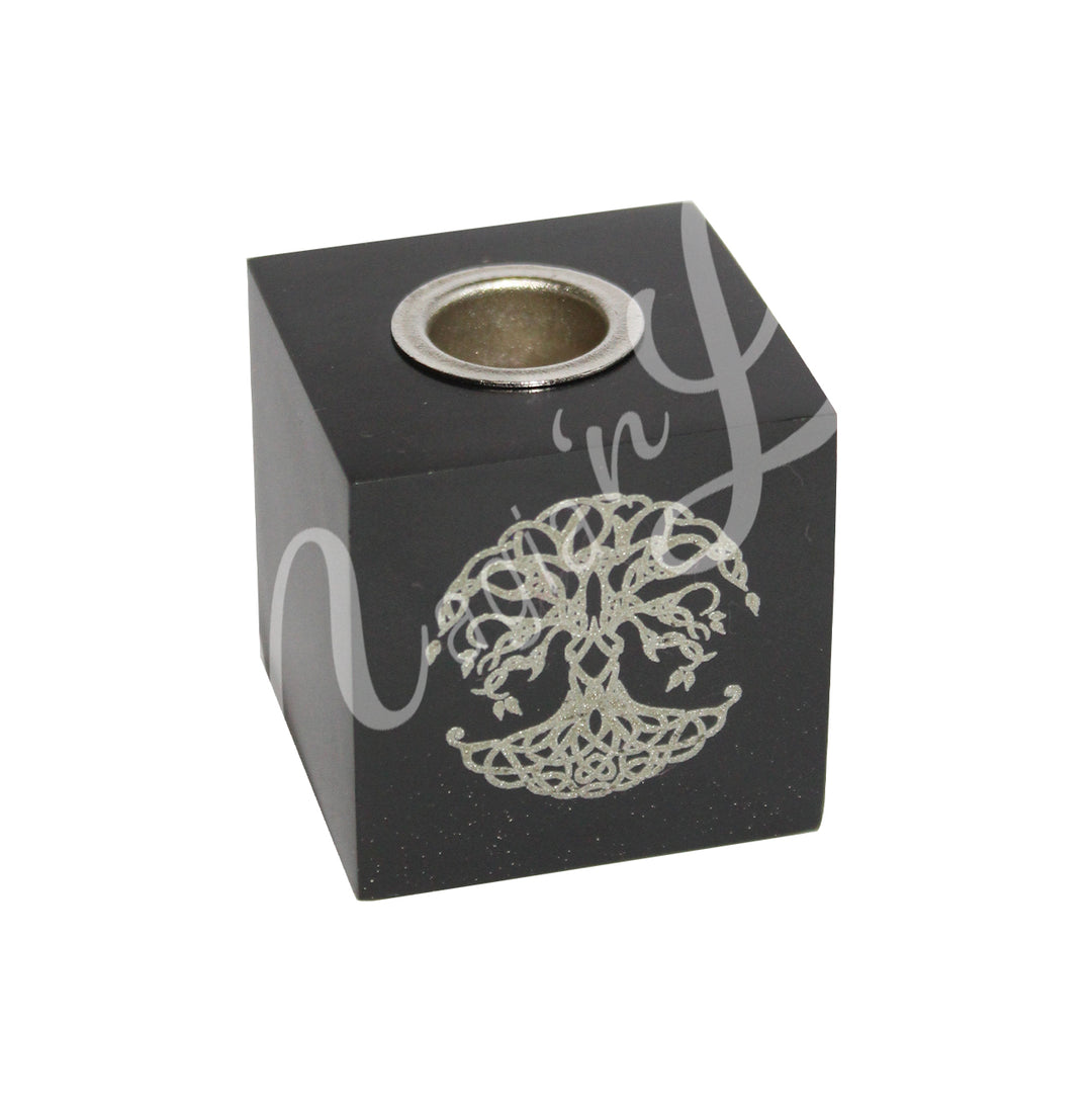 Porta Vela Mini de Ónix Negro y Pirita con Árbol de la Vida Grabado 3"