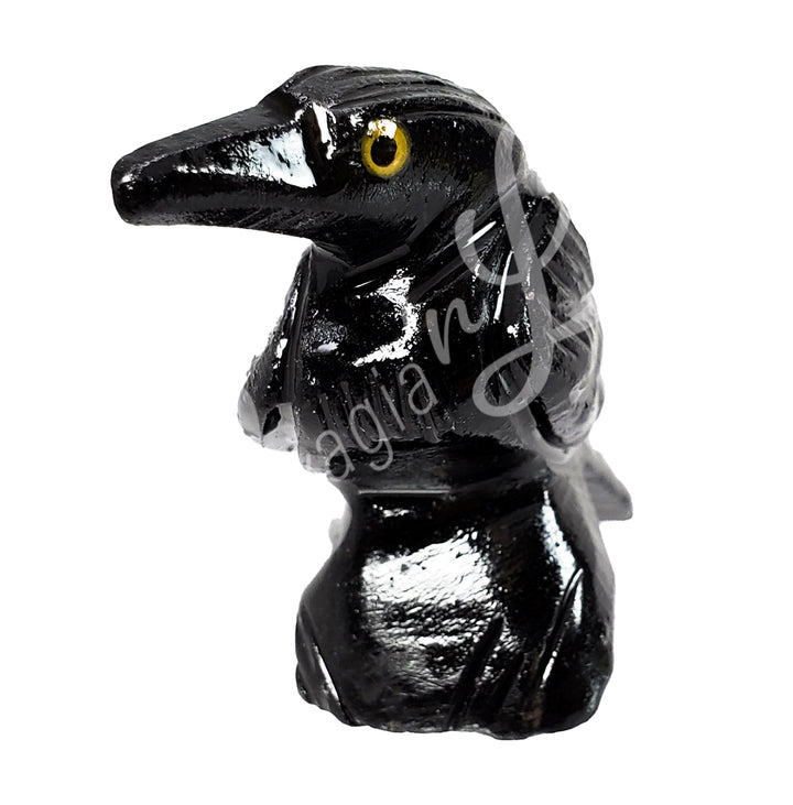 Front of a carving of a raven with a pentacle made of black onyx.