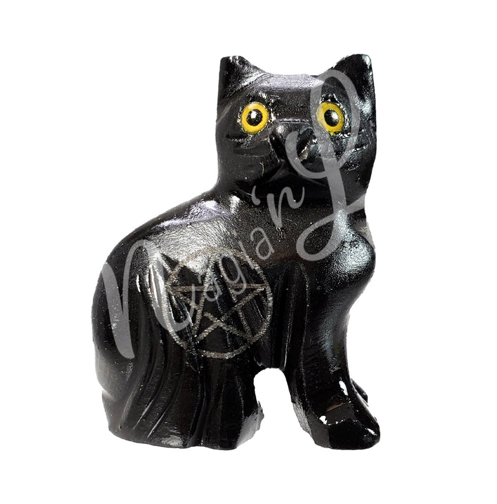 A black onyx cat with yellow eyes and an engraved pentacle on its side.
