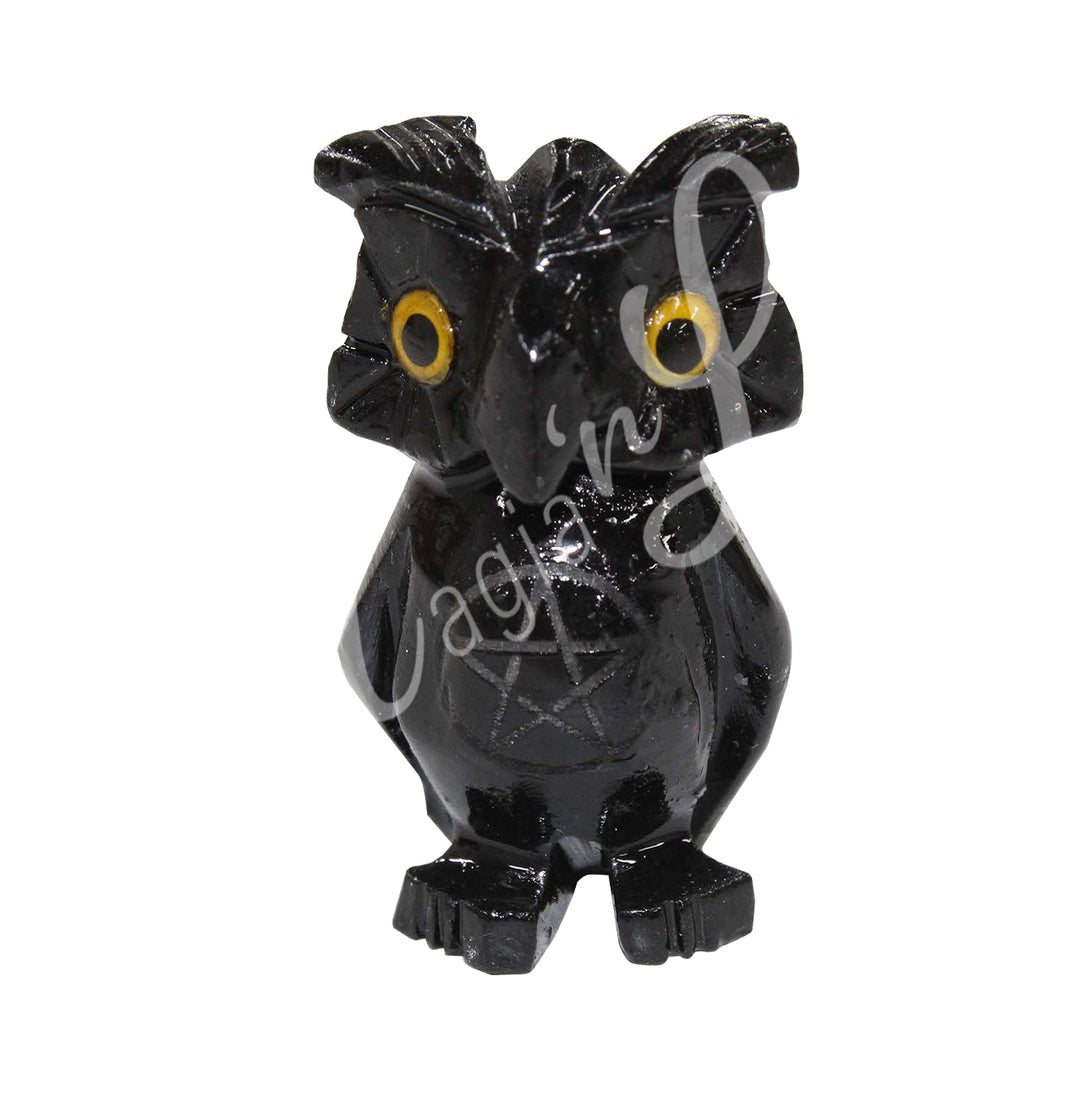 A carving of an owl with an engraved pentacle on its belly, made of black onyx.