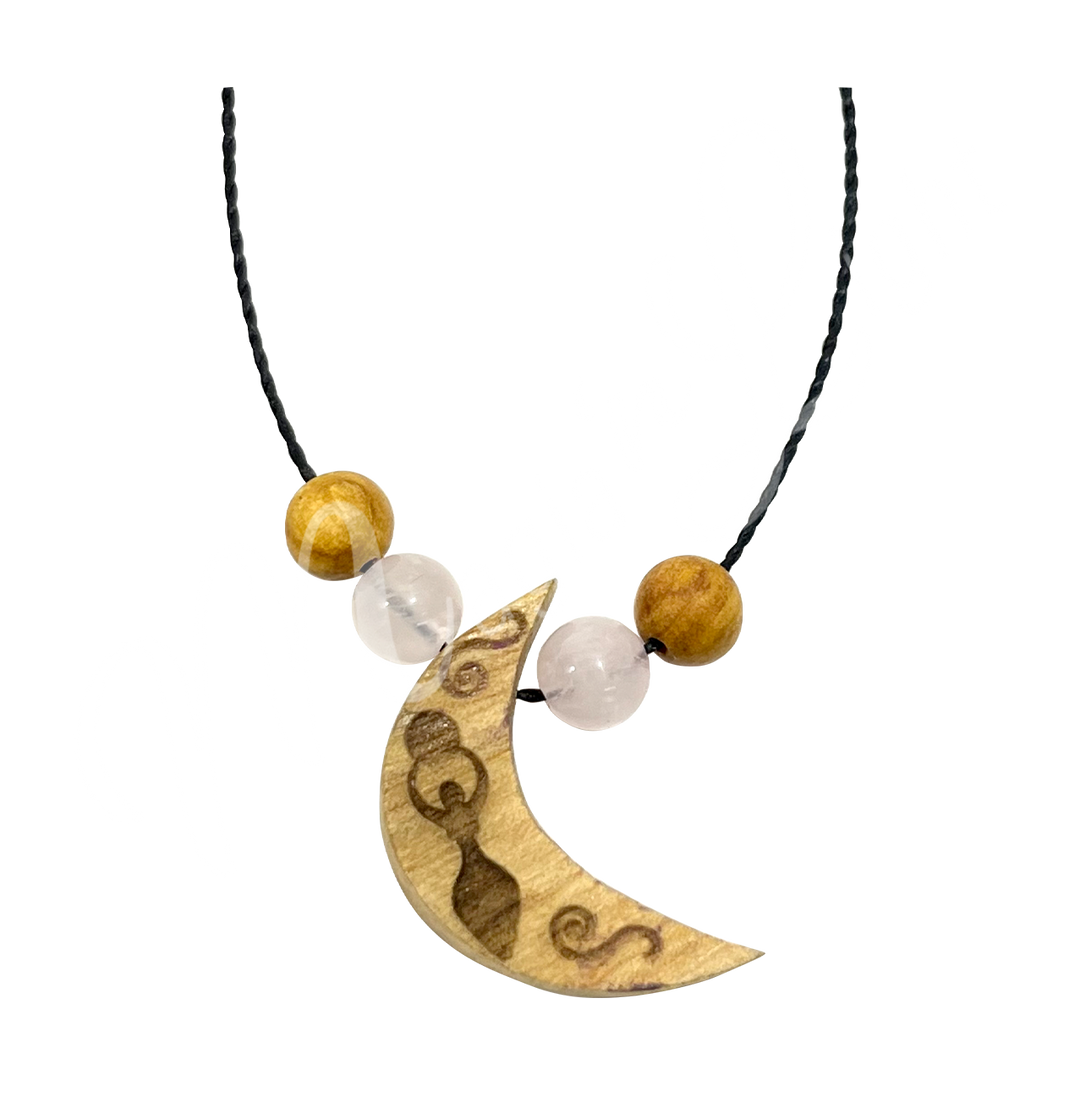 Collar de Palo Santo Grabado con Luna Creciente y Cuarzo Rosa
