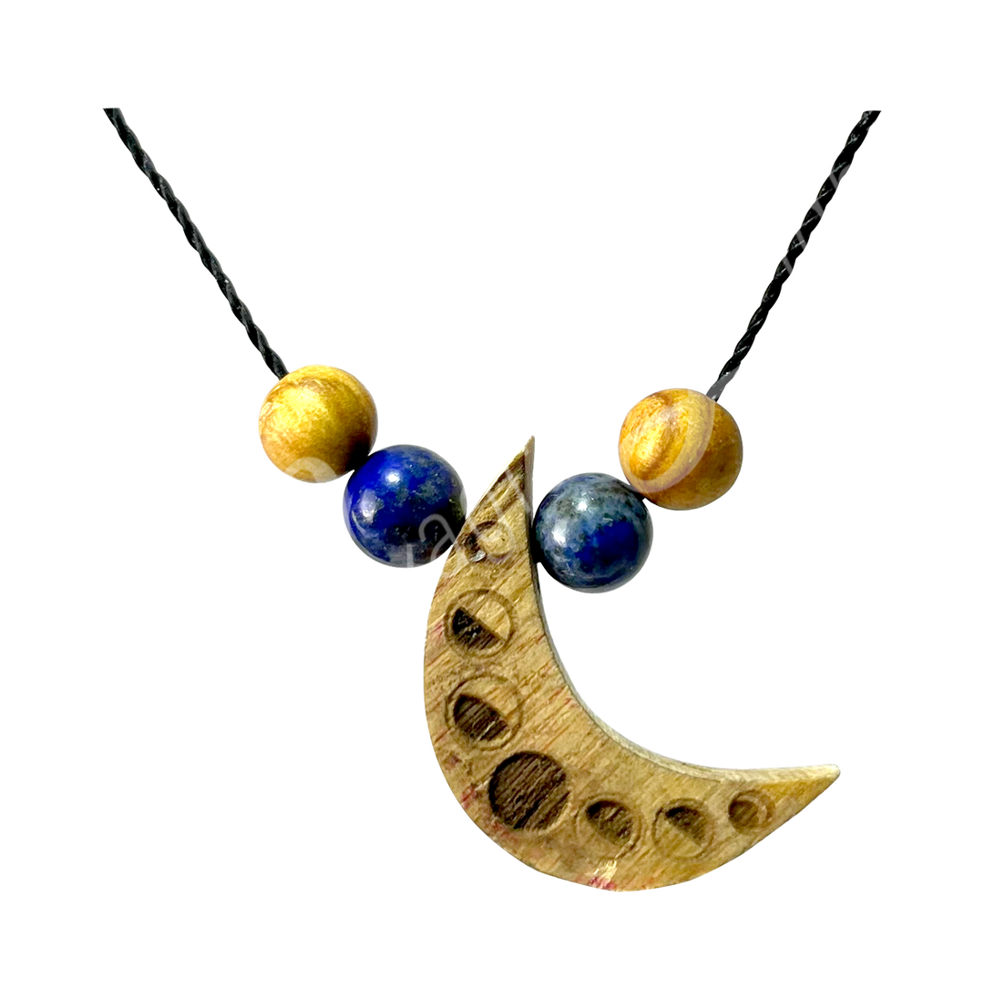 Necklace Palo Santo Crescent Moon Engraved w Sodalite