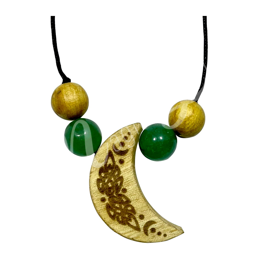 Necklace Palo Santo Crescent Moon Engraved w Green Aventurine