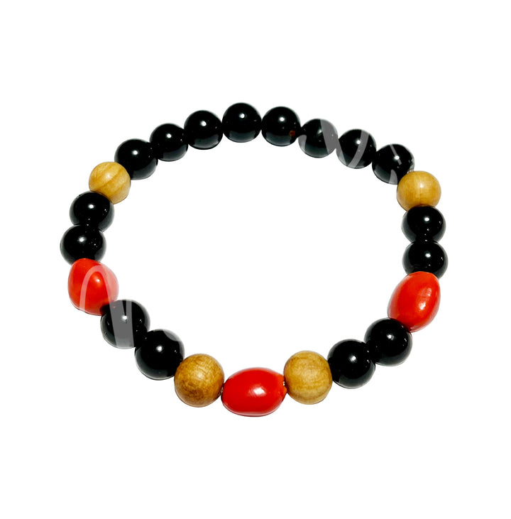 Pulsera Huayruro, Turmalina Negra y Palo Santo (8-8,5mm) 7,15-7,25"