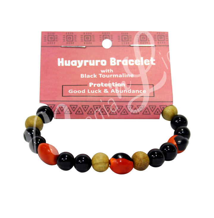 Pulsera Huayruro, Turmalina Negra y Palo Santo (8-8,5mm) 7,15-7,25"