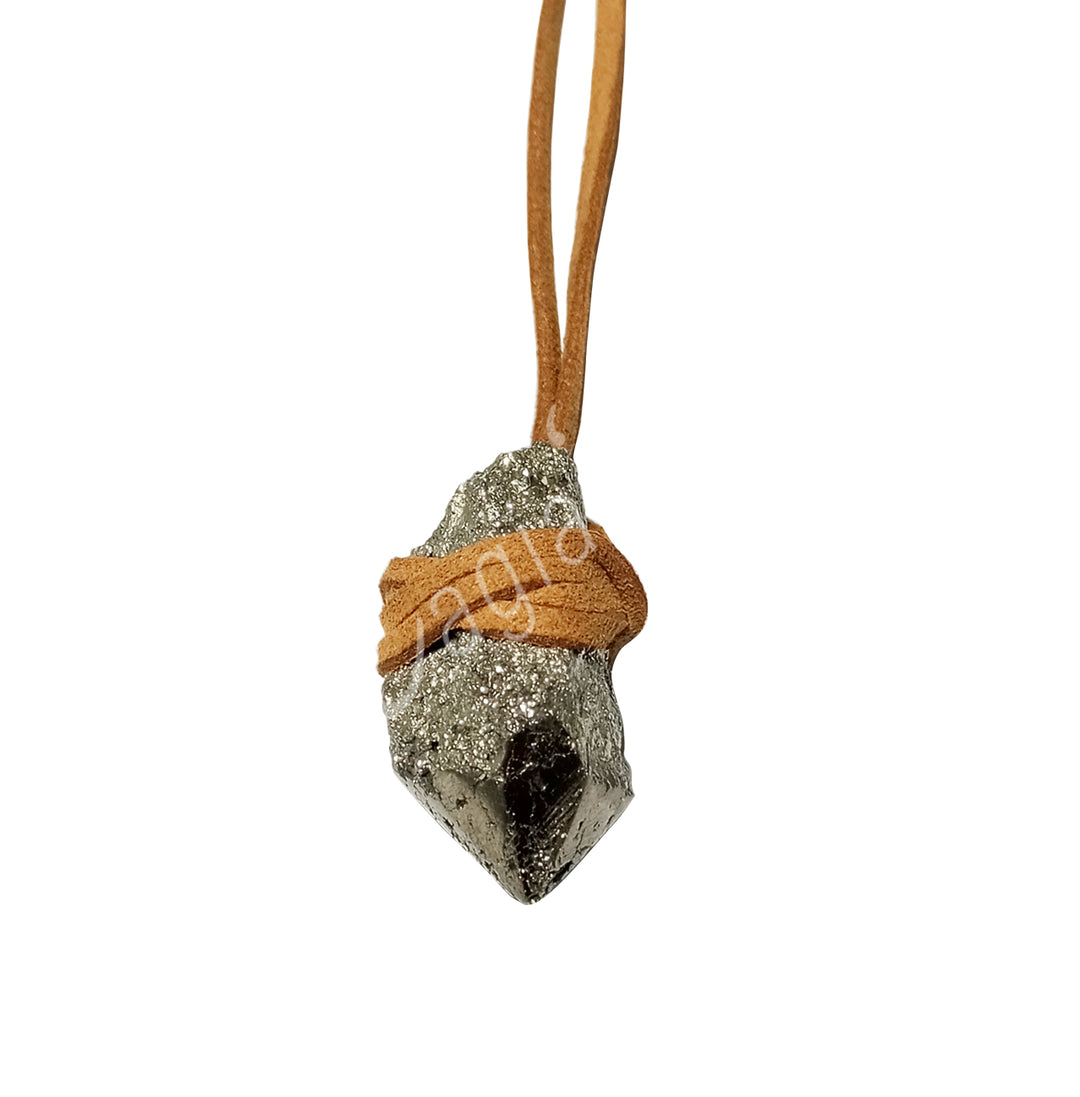 Necklace Point Pyrite Wrapped with Leather Cord 16-17"L
