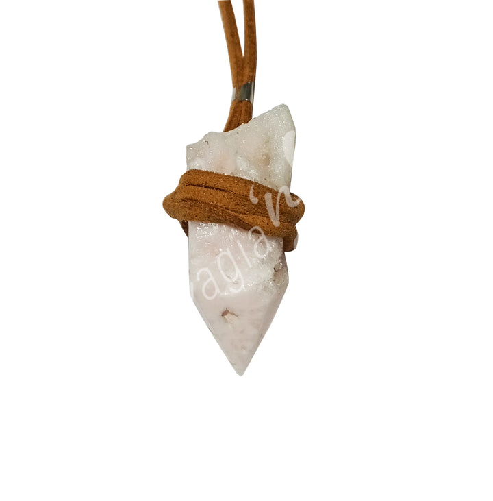 Necklace Point Calcite, Pink Mangano Wrapped with Leather Cord 14-15"L