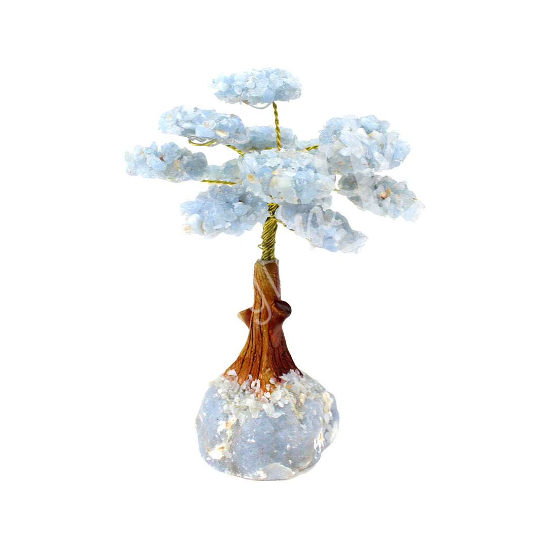 A wire gemstone bonsai tree with angelite crystal chips, mounted on a natural angelite base.