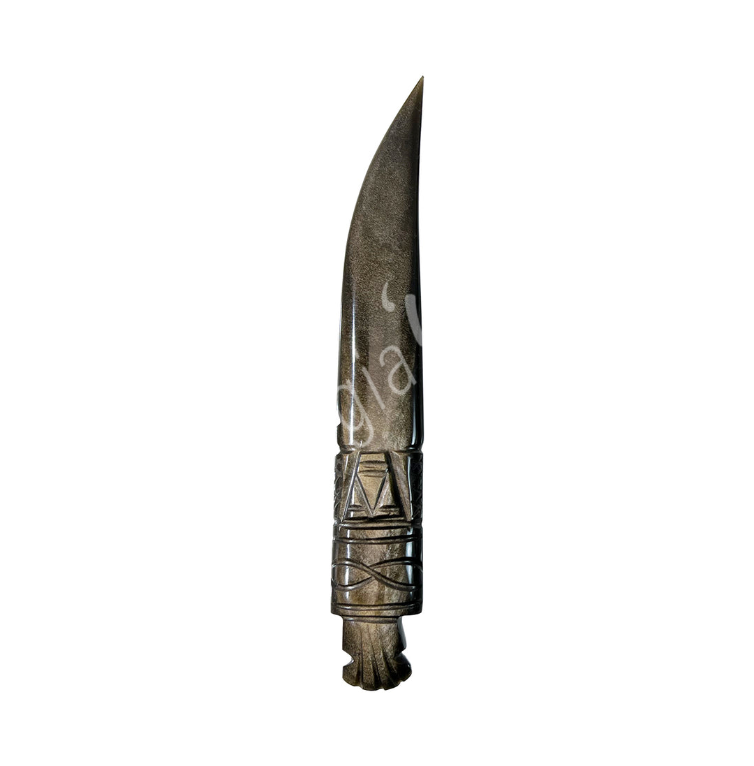 Athame made from Golden Sheen Obsidian. The handle is engraved.