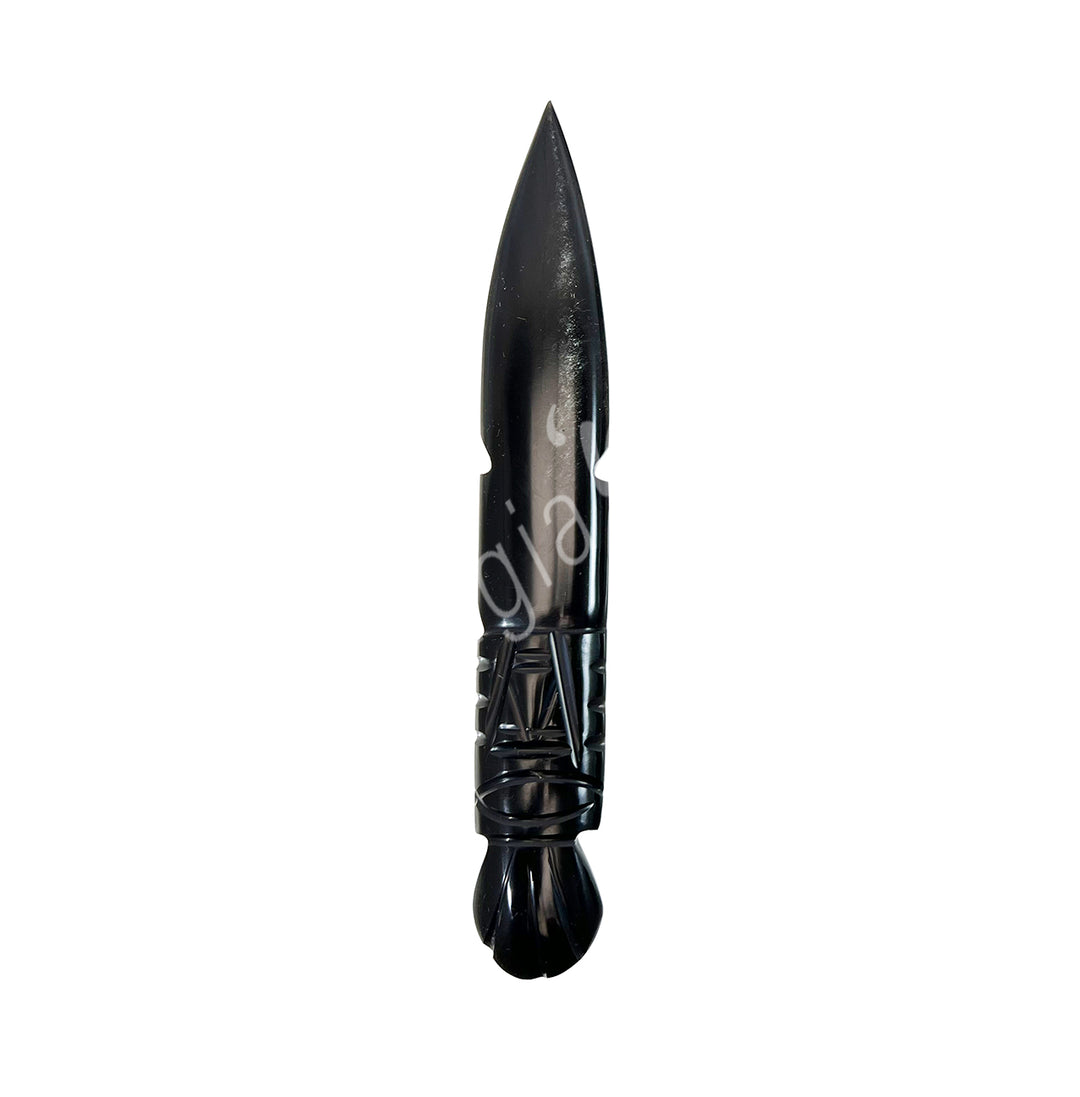 Athame made from Silver Sheen Obsidian. The handle is engraved.
