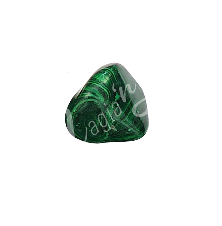 Polished tumbled stone with bands of light green, and shades of dark green, showing natural patterns and a glossy surface.