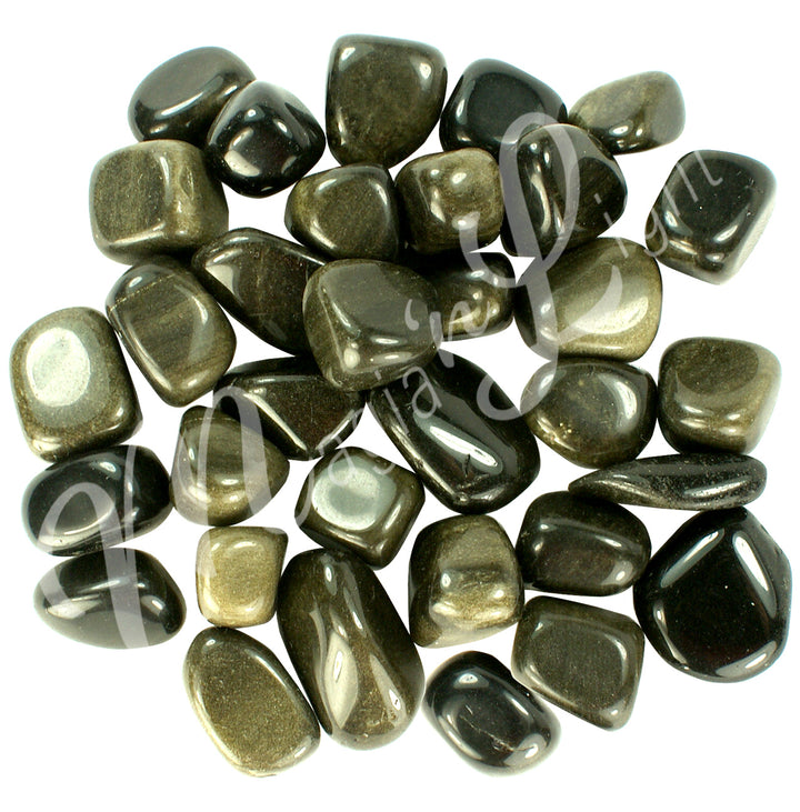Collection of polished tumbled stones in shades of green, gold and black, arranged together in a circular pile.