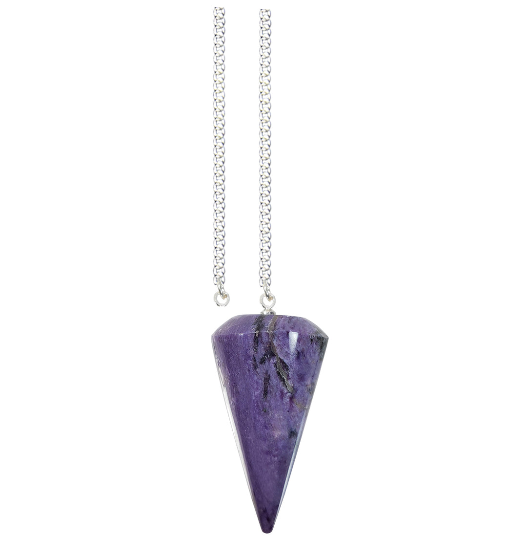 A conical pendulum with a Charoite stone point attached to a metallic chain.