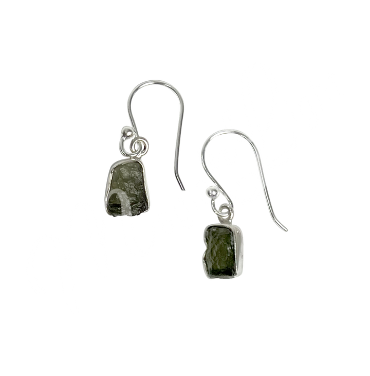 Sterling Silver Earrings Natural Moldavite Free Shapes 26mm long