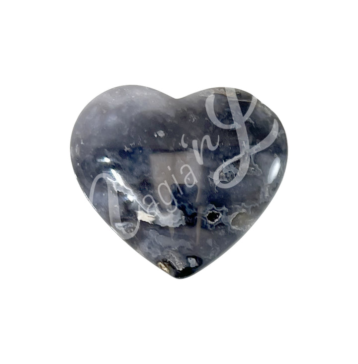 Heart-shaped blue agate crystal.