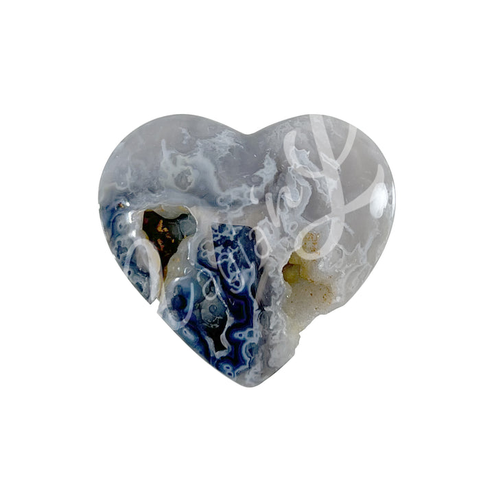 Heart-shaped blue agate crystal.