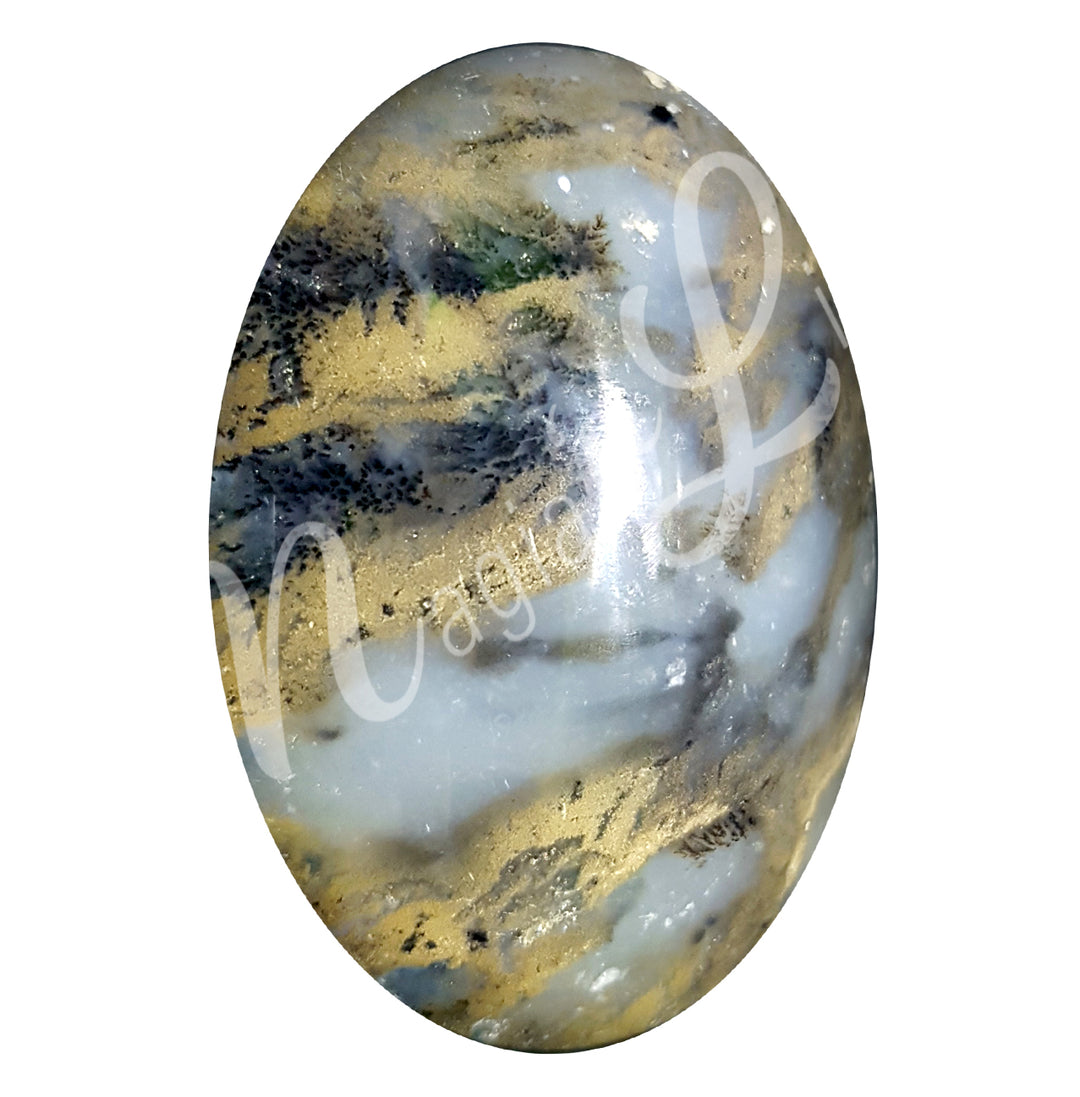 Close-up of a polished oval palm stone made of Dentritic Opal with White, black and gold marbled bands.