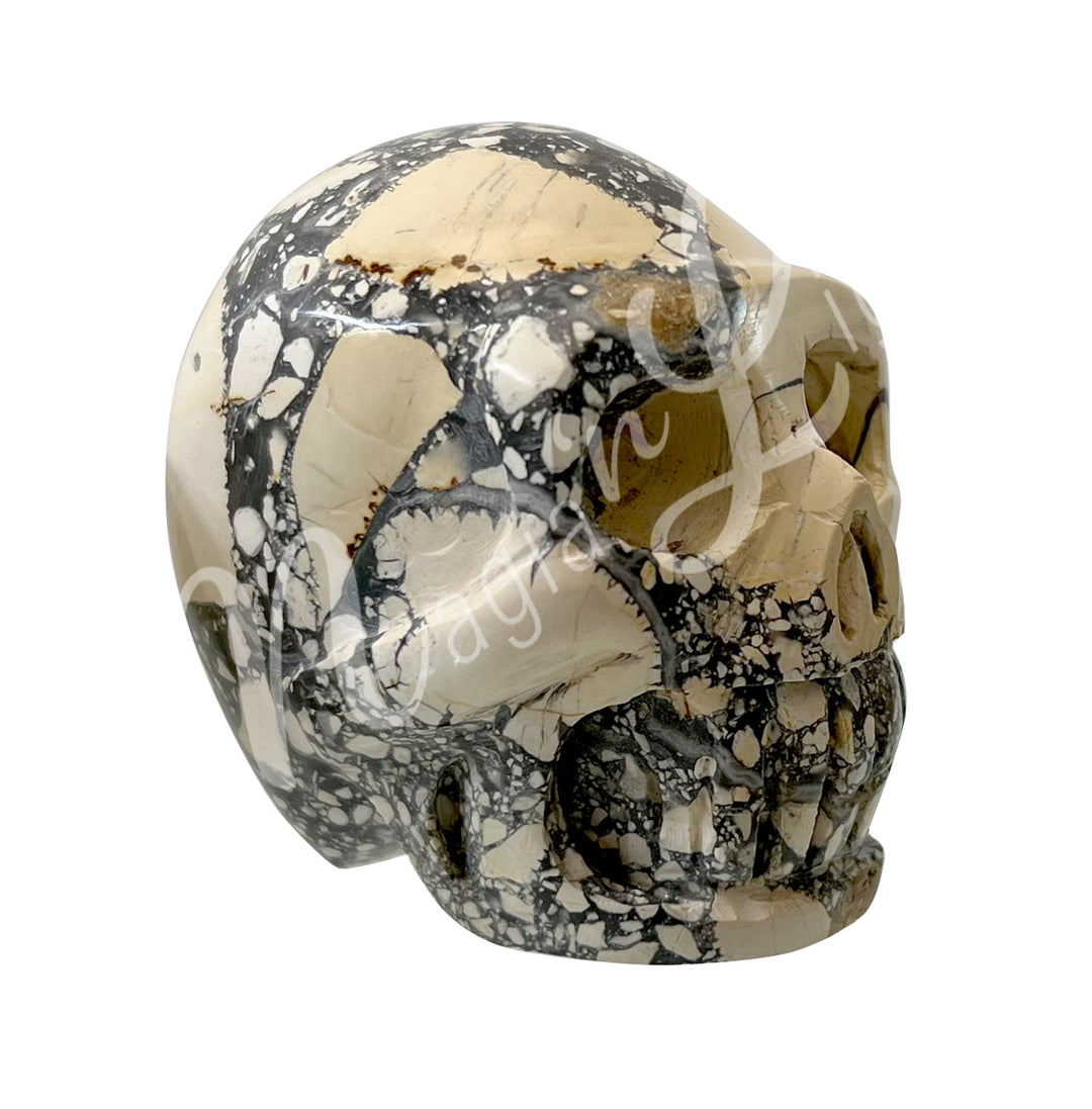 A polished skull carving made of maligano jasper.