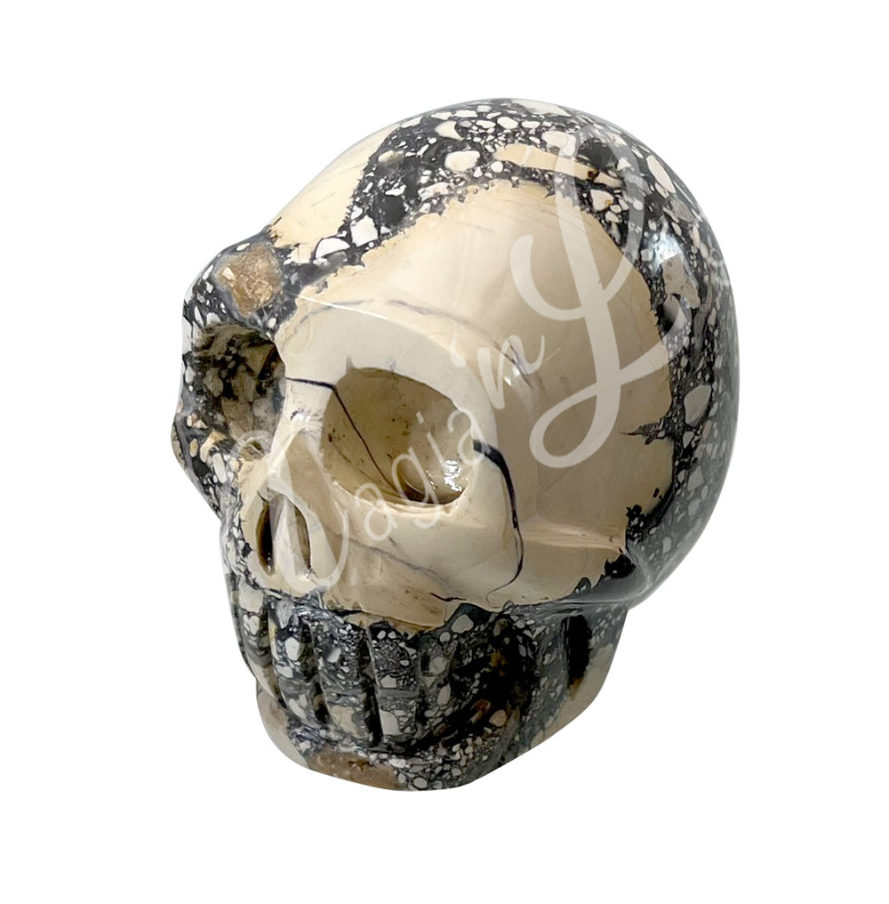 A polished skull carving made of maligano jasper. Seen with an angle.