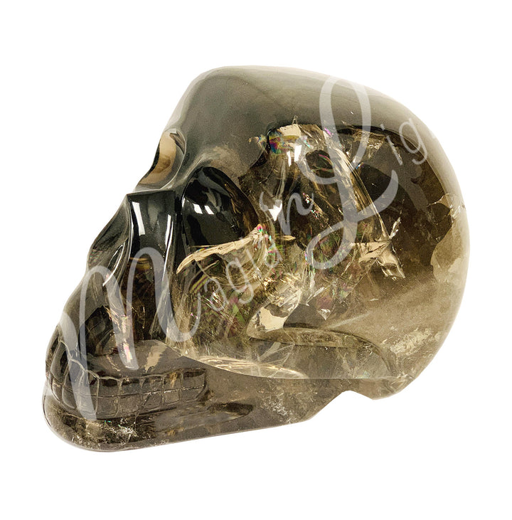 Polished gemstone skull carving made of smoky quartz. Seen from the side with an angle.