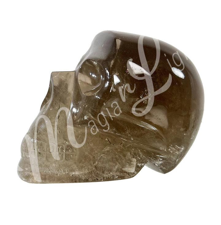 Polished gemstone skull carving made of smoky quartz. Seen from the side.
