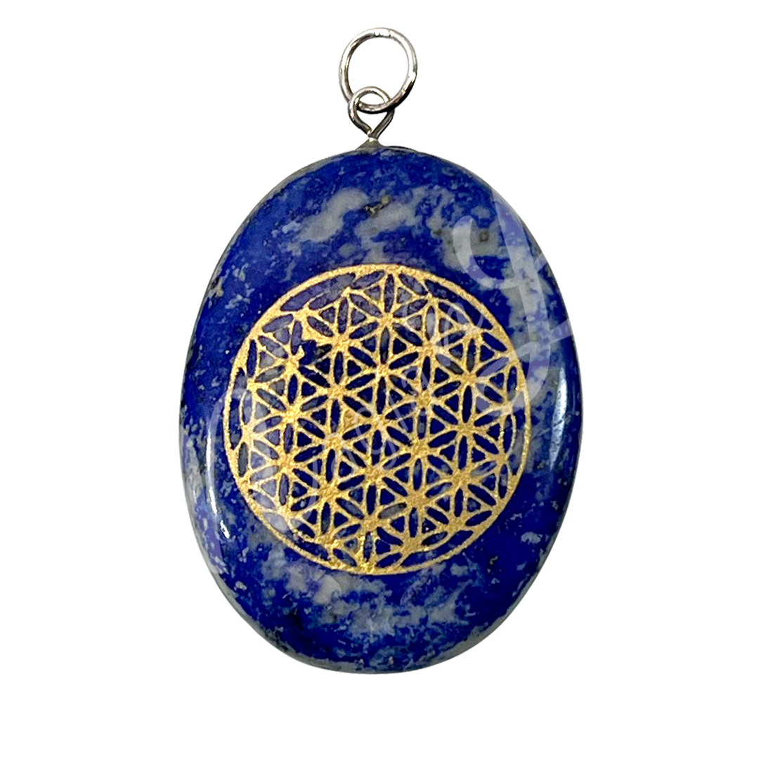 Pendant Worry Stone Lapis Lazuli w Flower of Life