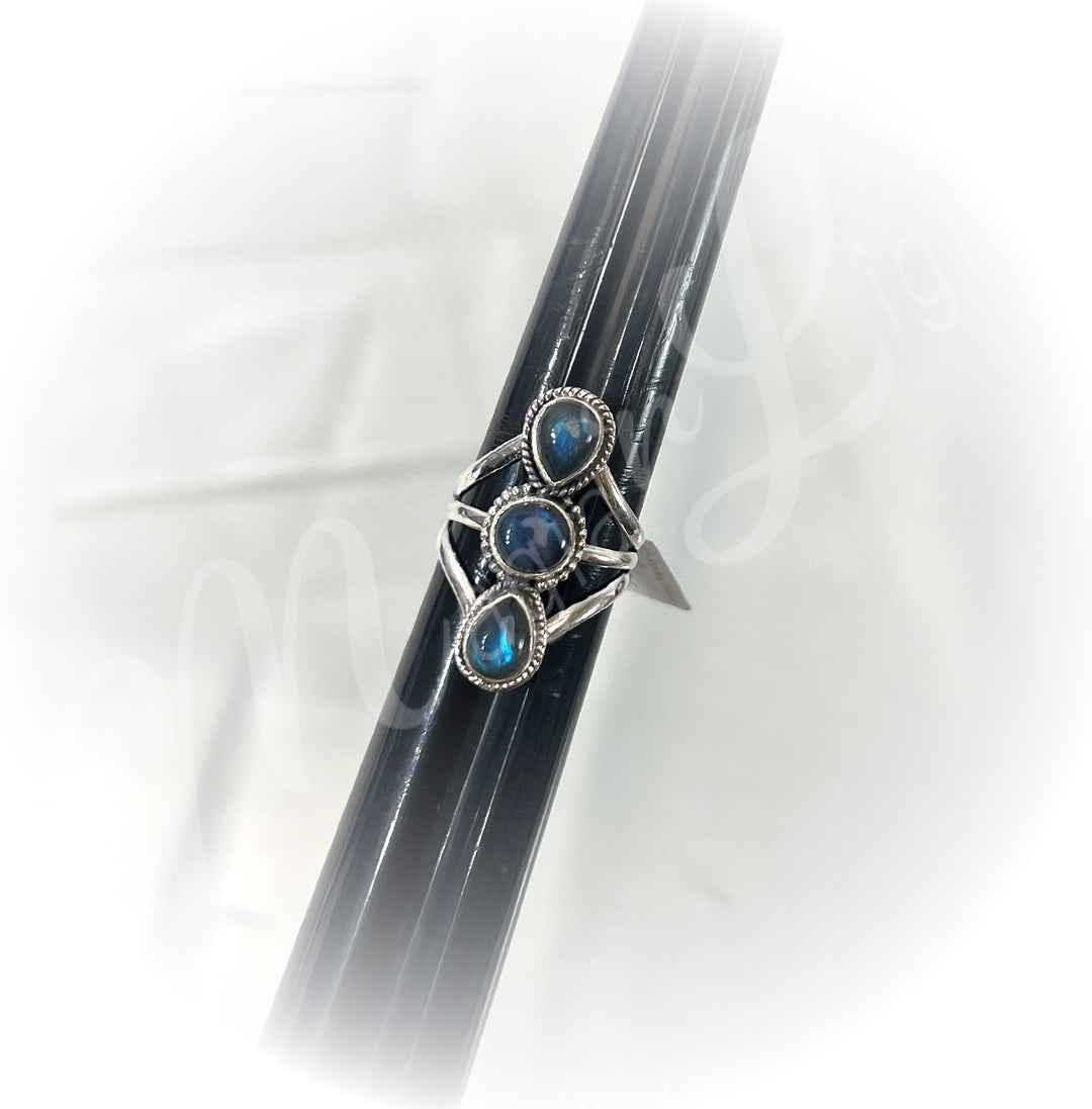 A sterling silver ring with labradorite stone.