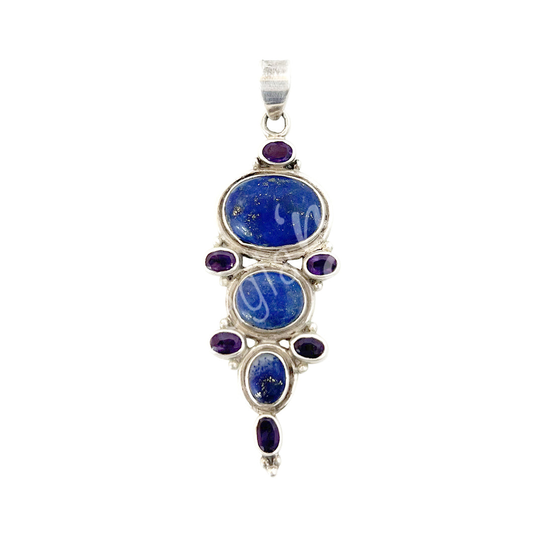 Sterling Silver Pendant Lapis Lazuli With Faceted Amethyst