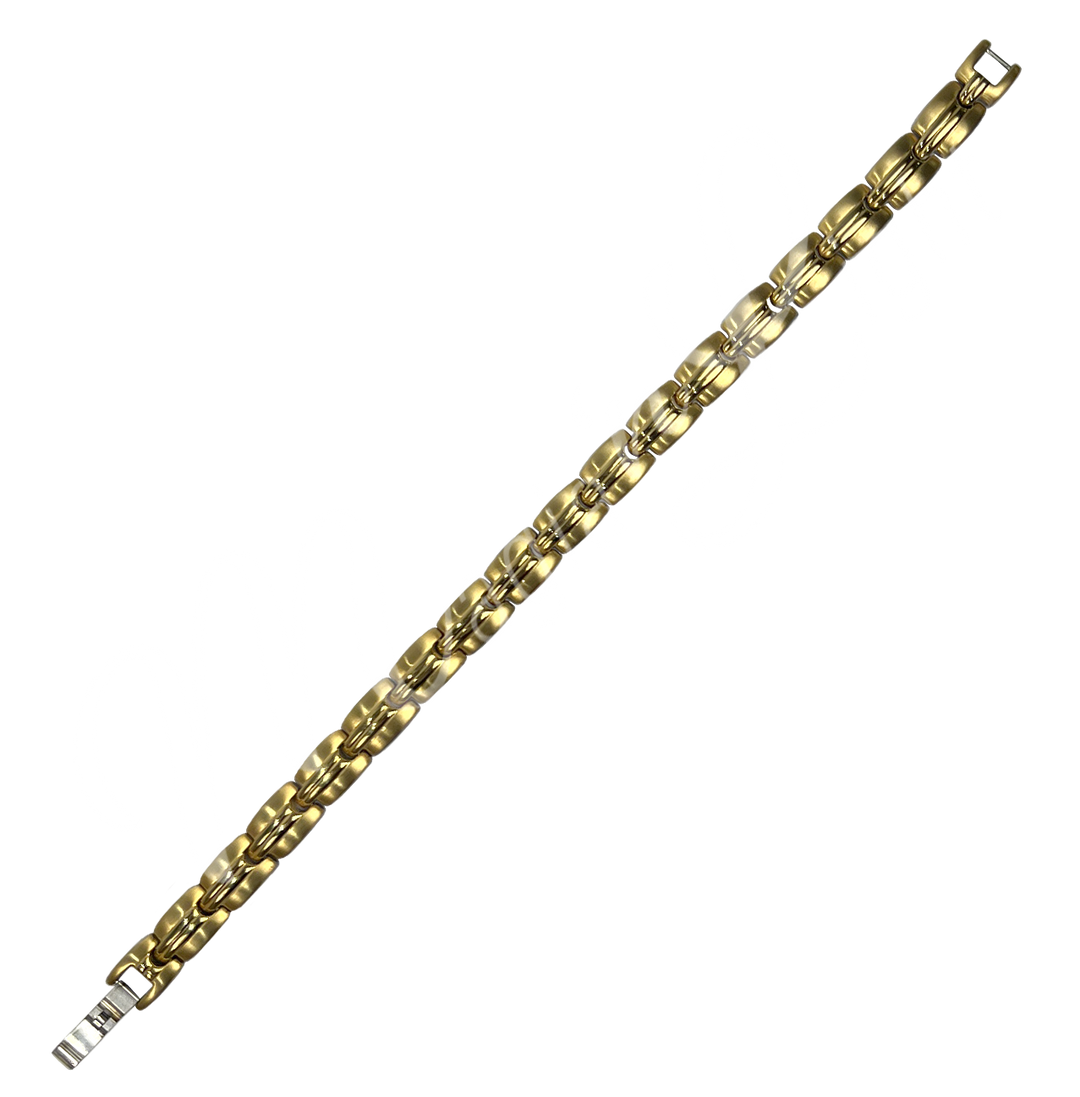 A gold-tone metal link bracelet featuring brushed small rectangular segments connected by polished square accents, finished with a secure clasp for a sleek and modern look.