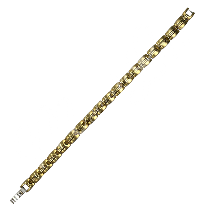 A gold-tone metal link bracelet featuring brushed small rectangular segments connected by polished square accents, finished with a secure clasp for a sleek and modern look.