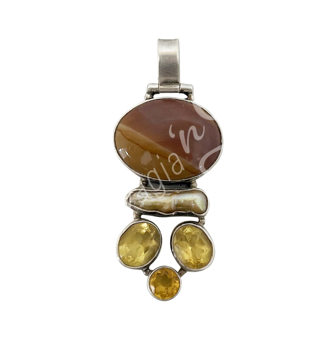 Sterling Silver Pendant Jasper with Pearl & Faceted Citrine