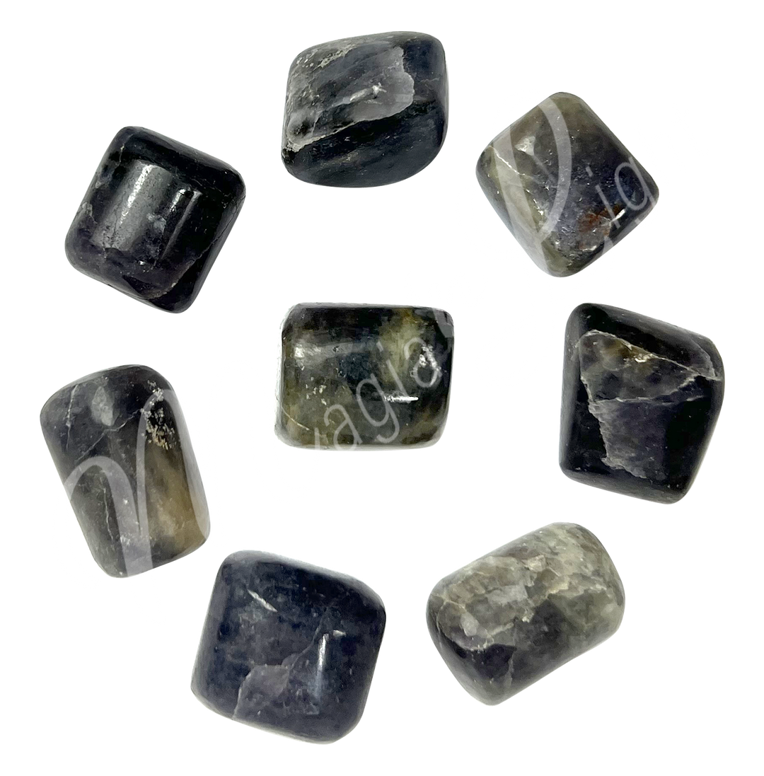 Eight polished tumbled stone of Iolite arranged in a circular pattern.
