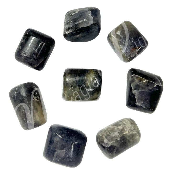 Eight polished tumbled stone of Iolite arranged in a circular pattern.