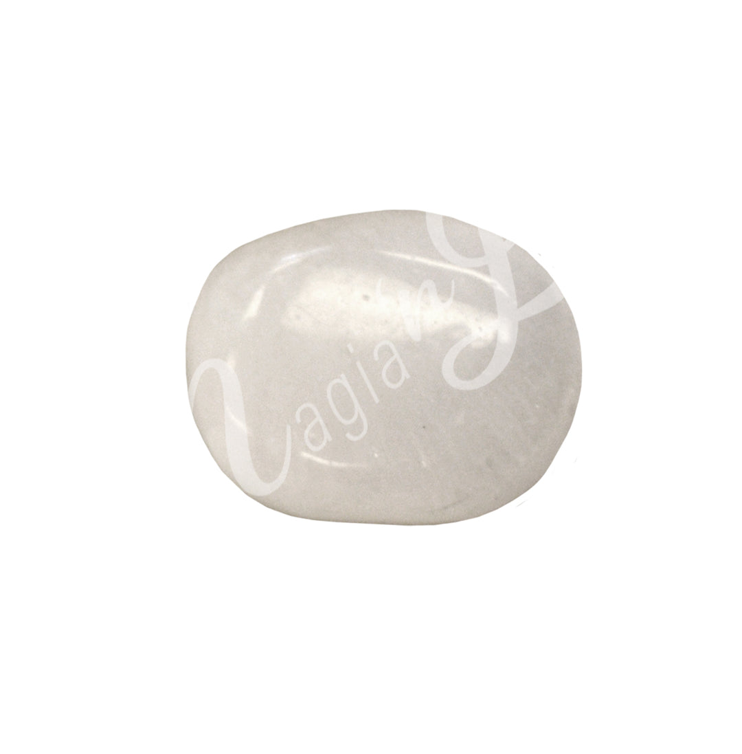 Polished tumbled stone with shades of white, showing natural patterns and a glossy surface.