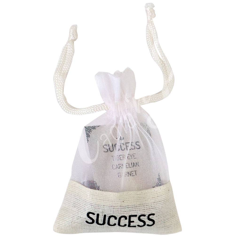 A small white drawstring pouch labeled “SUCCESS”.