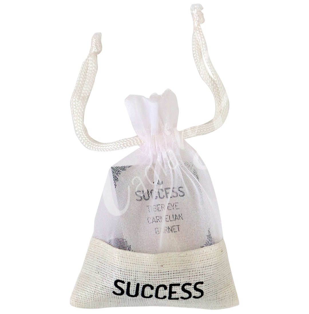 A small white drawstring pouch labeled “SUCCESS”.