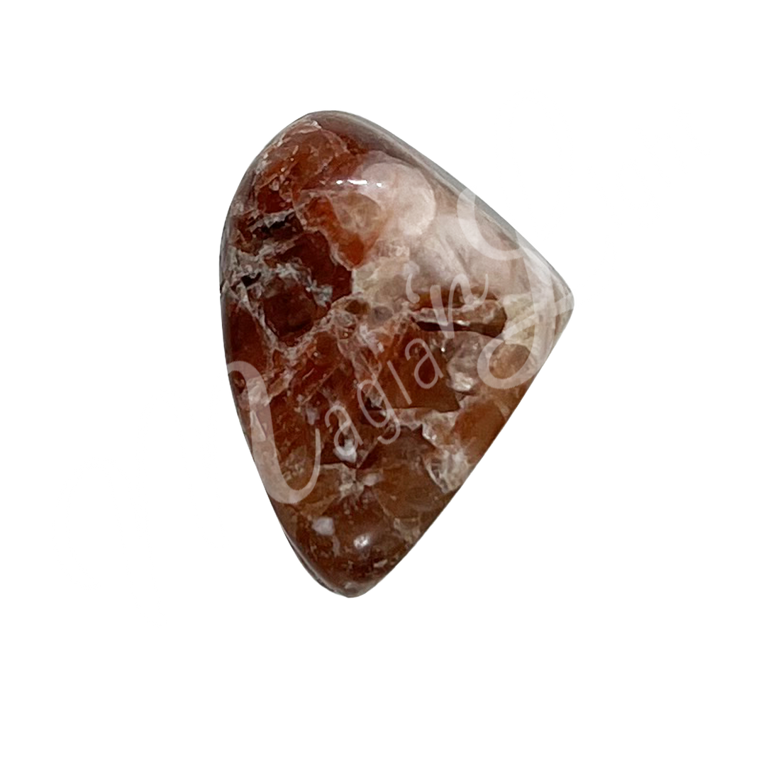 A polished tumbled stone with bands of white, bold black, and shades of creamy pink, showing natural patterns and a glossy surface.