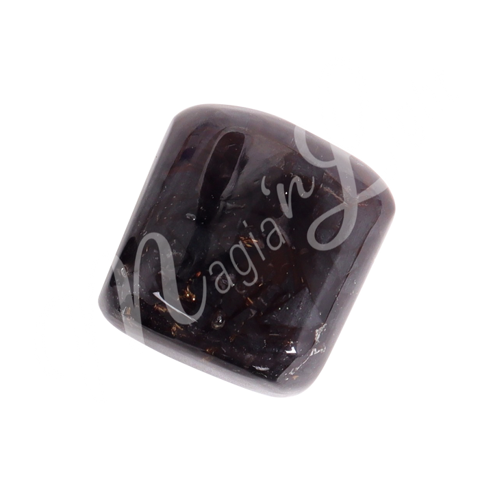 Polished tumbled stone with shades of gray-black, showing natural patterns and a glossy surface.