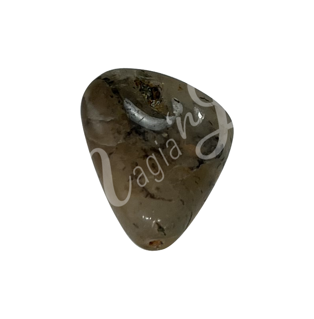 Polished tumbled stone with shades of green, showing natural patterns and a glossy surface.