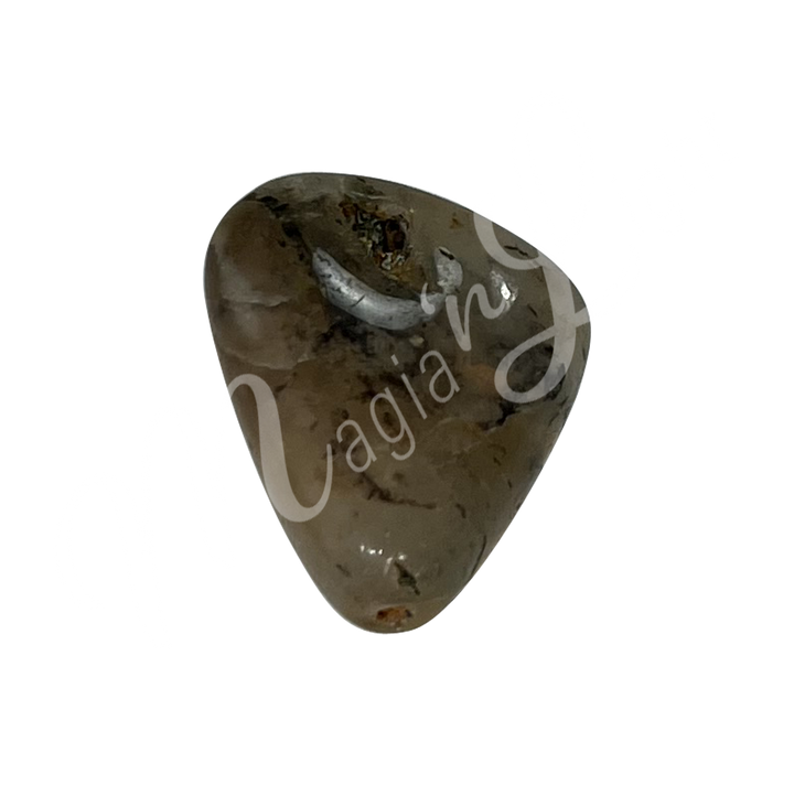 Polished tumbled stone with shades of green, showing natural patterns and a glossy surface.