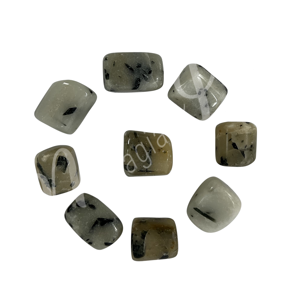 Nine Green Tourmaline with Quartz tumbled stones arranged in a circular pattern.