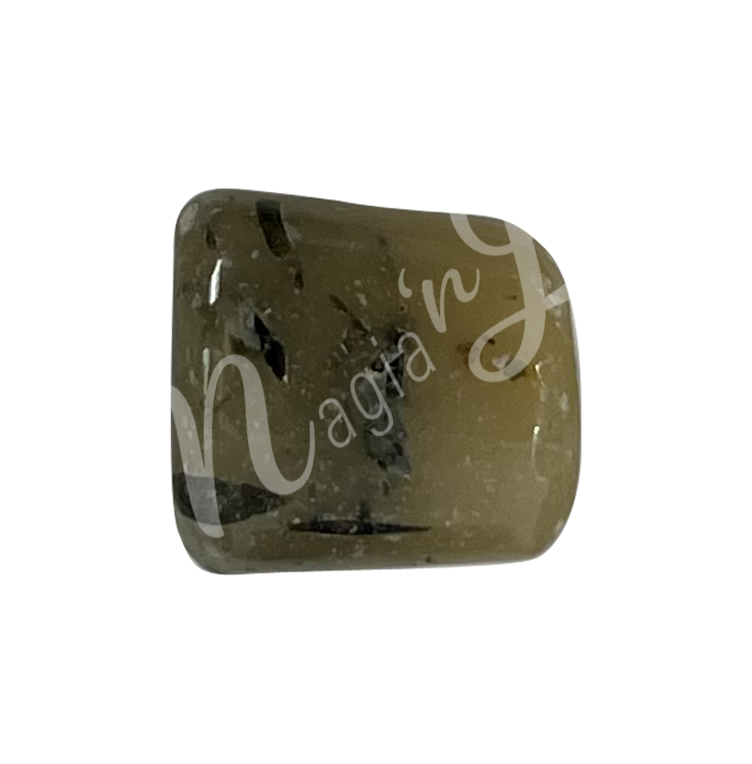 Polished tumbled stone with shades of green, showing natural patterns and a glossy surface.