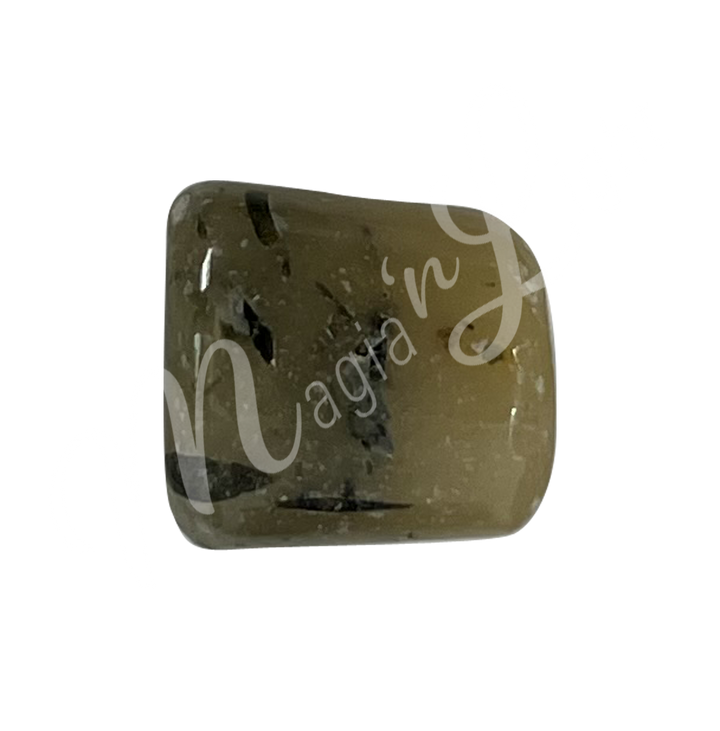 Polished tumbled stone with shades of green, showing natural patterns and a glossy surface.