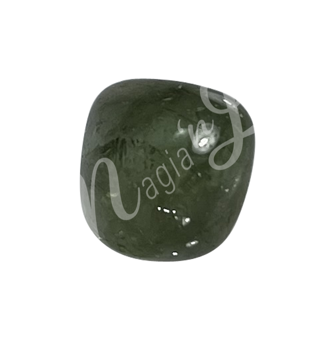 Polished tumbled stone with shades of green, showing natural patterns and a glossy surface.