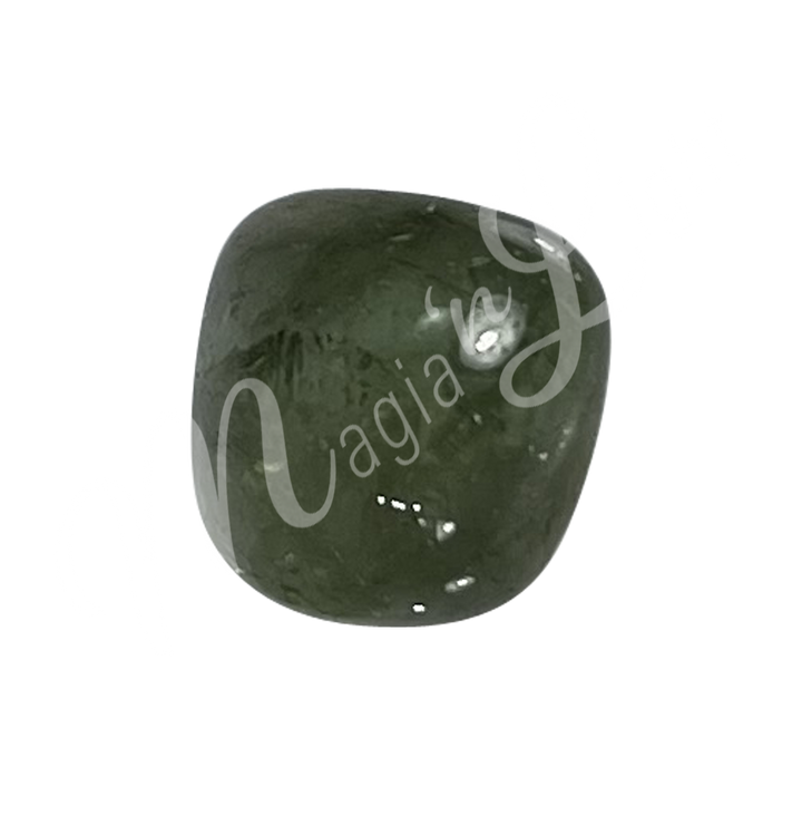 Polished tumbled stone with shades of green, showing natural patterns and a glossy surface.