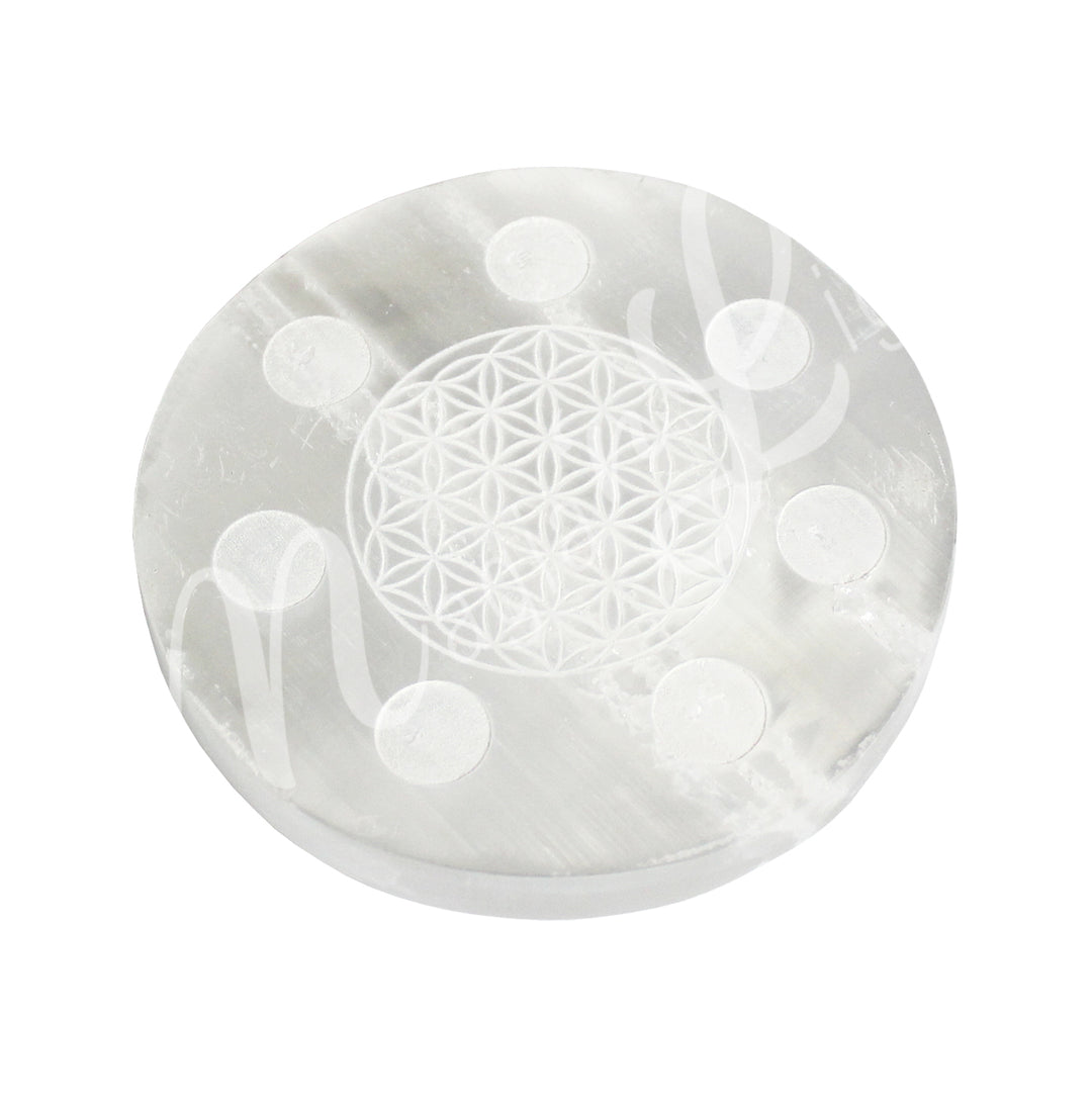 Marble Holder Selenite Engraved Flower of Life 5.25"Dia