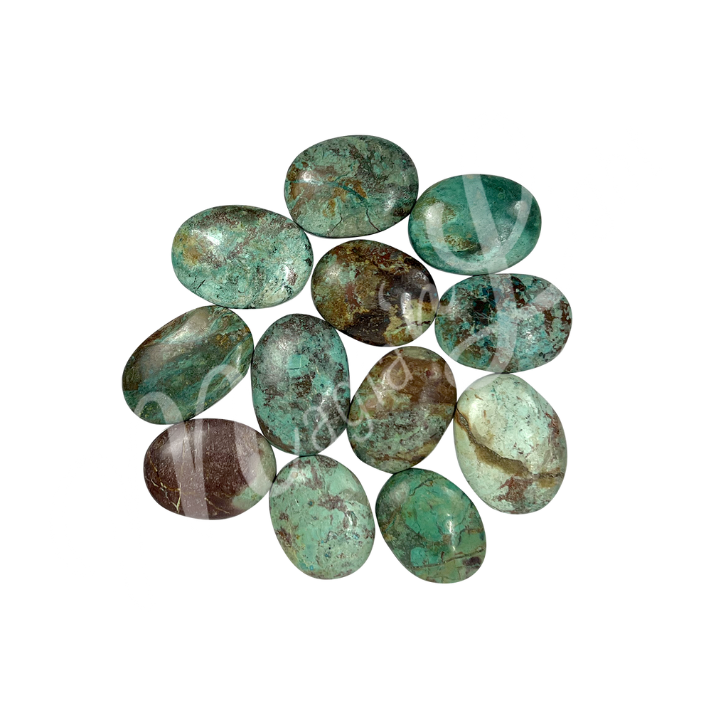 A collection of polished green and brown Turquoise stones with smooth oval shapes, showing natural color variations and patterns.