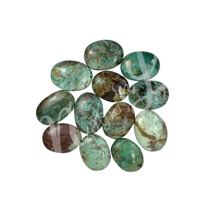 A collection of polished green and brown Turquoise stones with smooth oval shapes, showing natural color variations and patterns.